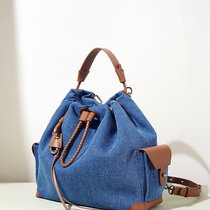 Beg Hobo Sejuk Kulit Asli Wanita dengan Tampalan Denim