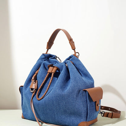 Beg Hobo Sejuk Kulit Asli Wanita dengan Tampalan Denim