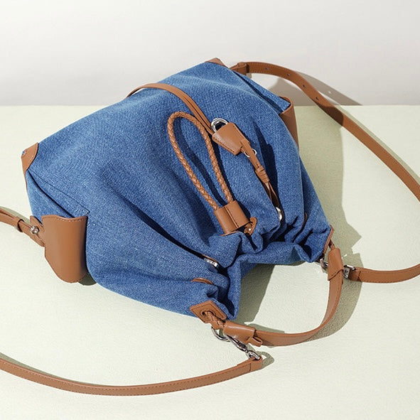 Beg Hobo Sejuk Kulit Asli Wanita dengan Tampalan Denim
