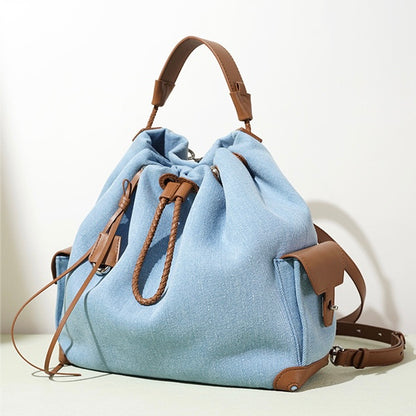 Beg Hobo Sejuk Kulit Asli Wanita dengan Tampalan Denim