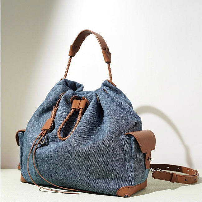 Beg Hobo Sejuk Kulit Asli Wanita dengan Tampalan Denim