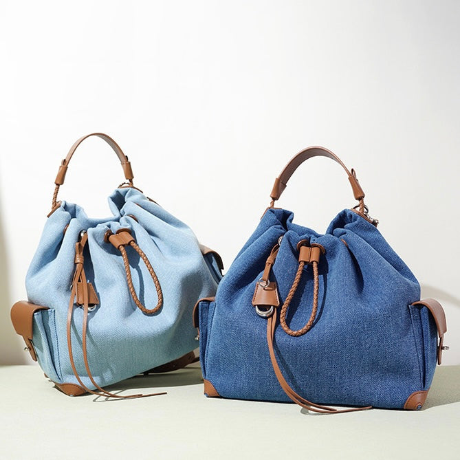 Beg Hobo Sejuk Kulit Asli Wanita dengan Tampalan Denim