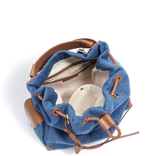Beg Hobo Sejuk Kulit Asli Wanita dengan Tampalan Denim
