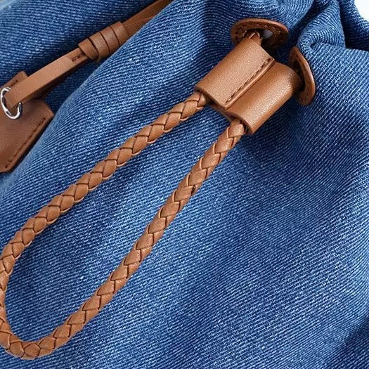 Beg Hobo Sejuk Kulit Asli Wanita dengan Tampalan Denim