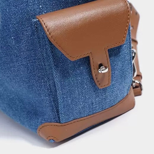 Beg Hobo Sejuk Kulit Asli Wanita dengan Tampalan Denim