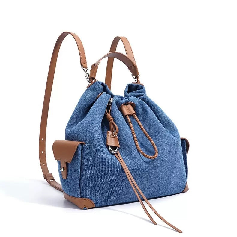 Beg Hobo Sejuk Kulit Asli Wanita dengan Tampalan Denim