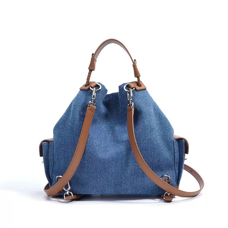 Beg Hobo Sejuk Kulit Asli Wanita dengan Tampalan Denim