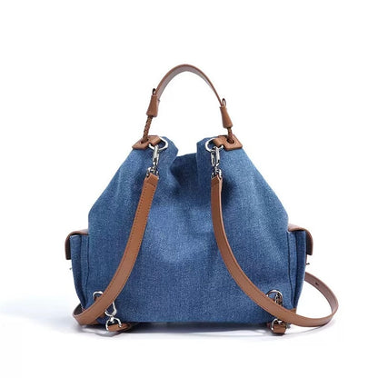 Beg Hobo Sejuk Kulit Asli Wanita dengan Tampalan Denim