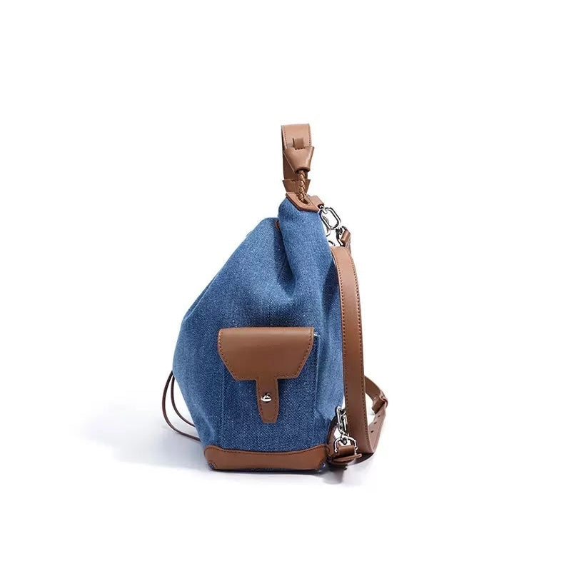 Beg Hobo Sejuk Kulit Asli Wanita dengan Tampalan Denim