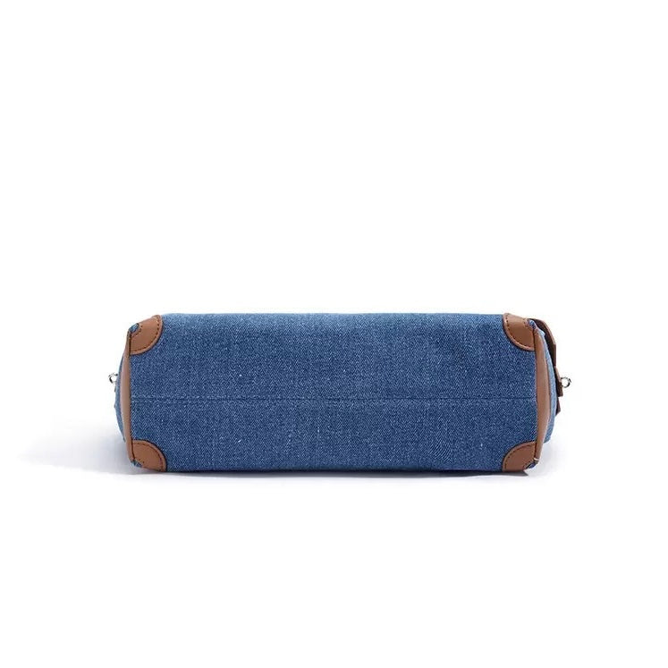 Beg Hobo Sejuk Kulit Asli Wanita dengan Tampalan Denim