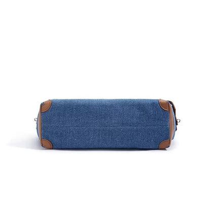 Beg Hobo Sejuk Kulit Asli Wanita dengan Tampalan Denim