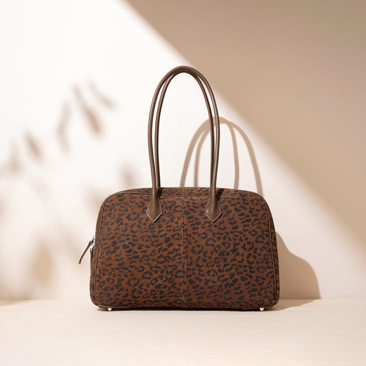 Bowlingtasche aus echtem Leder mit Leopardenmuster und großem Fassungsvermögen für Damen