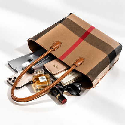 Classic British Plaid Colorblock Vegan Eco-Leather Tote Bag
