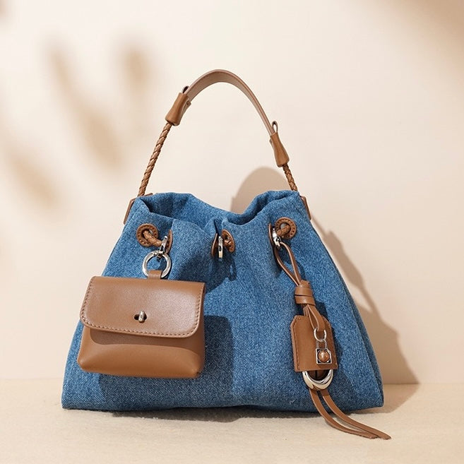 Women's Genuine Leather Denim Patchwork Cool Hobo Bag