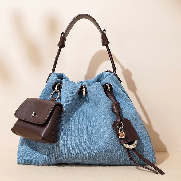 Women's Genuine Leather Denim Patchwork Cool Hobo Bag