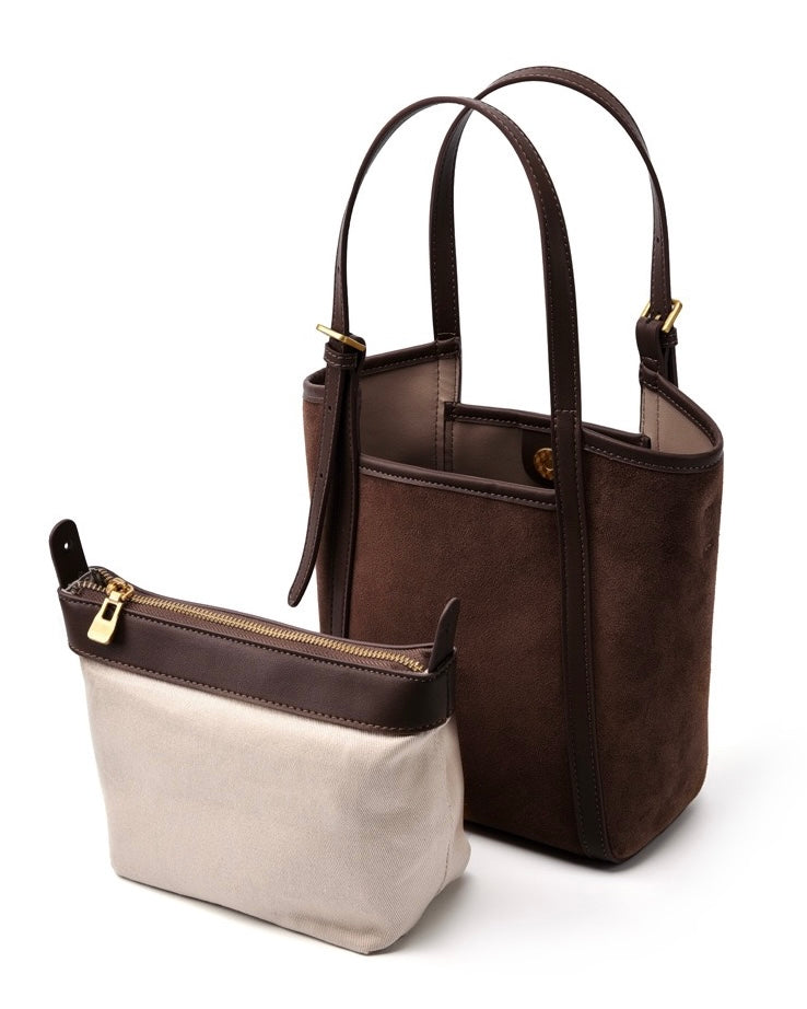 Bolso tipo cubo para mujer de ante de cuero ámbar