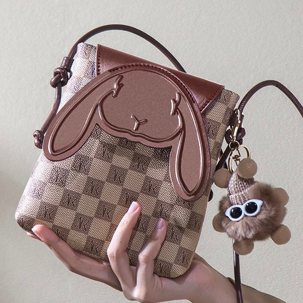 Plaid Cute Collision Rabbit Mini-Umhängetasche aus echtem Leder