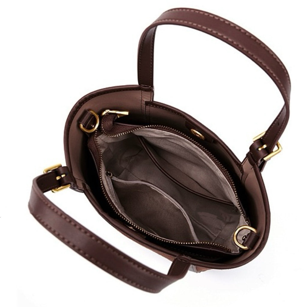 Bolso tipo cubo para mujer de ante de cuero ámbar