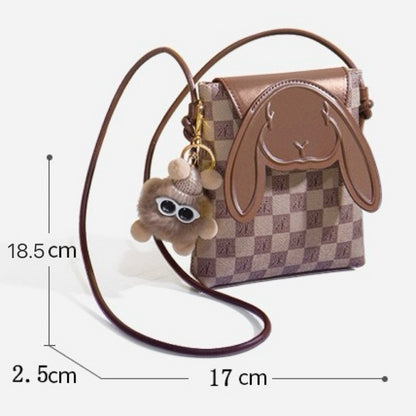 Plaid Cute Collision Rabbit Mini-Umhängetasche aus echtem Leder