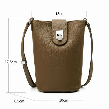 Women's Genuine Leather Vertical Drawstring Bucket Phone Bag