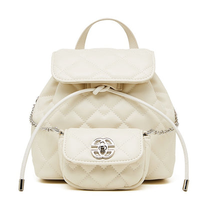 Chic Diamond-Quilted Genuine Leather Mini Backpack with Detachable Pouch