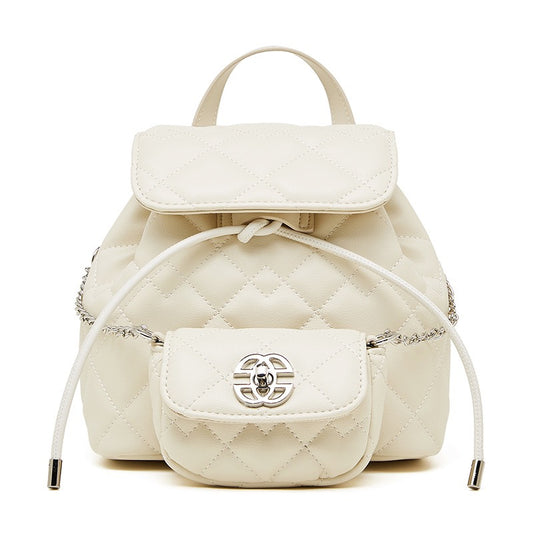 Chic Diamond-Quilted Genuine Leather Mini Backpack with Detachable Pouch