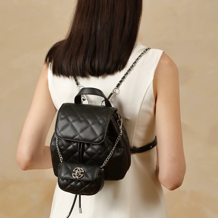 detachable mini backpack Chic Diamond-Quilted Genuine Leather Mini Backpack with Detachable Pou – VELOISSE
