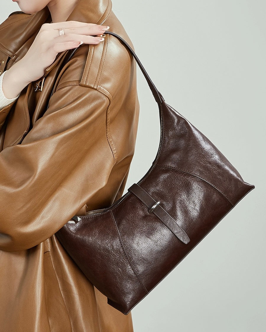 Bolso Hobo Retro de Cuero Genuino en Forma de Media Luna para Mujer