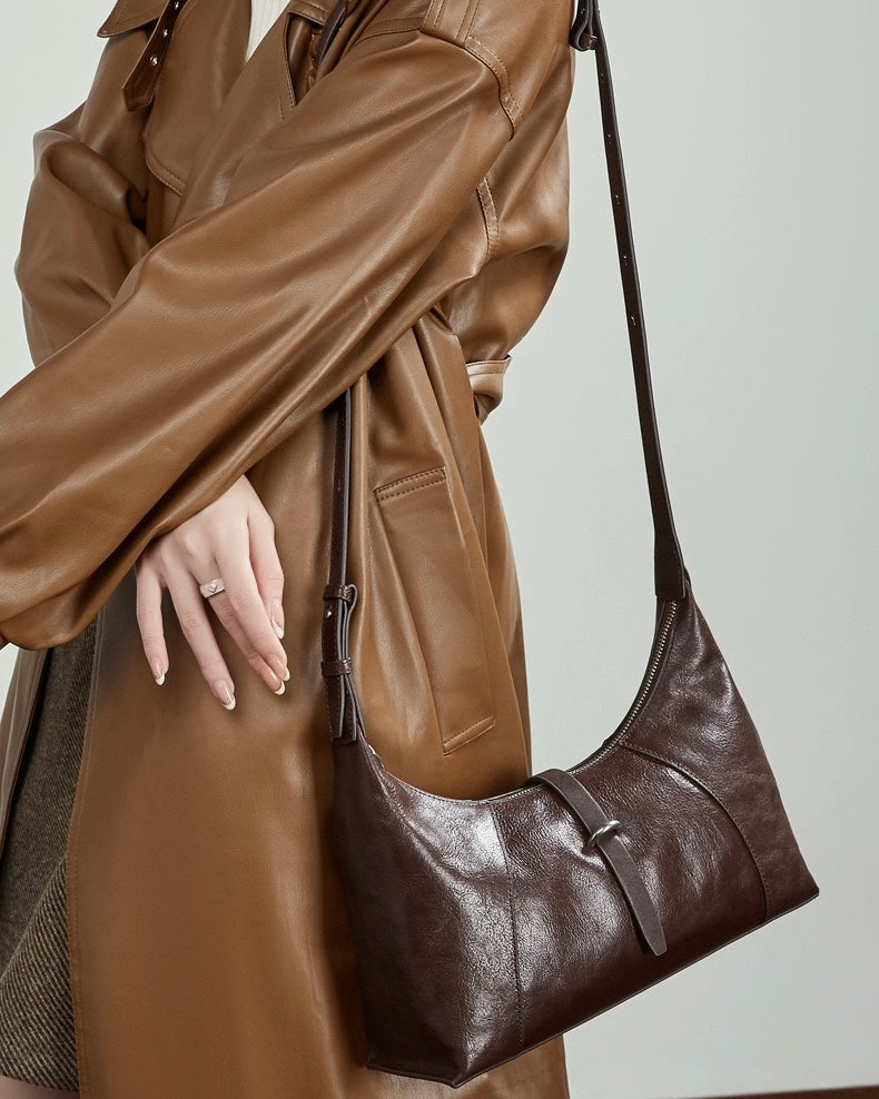 Bolso Hobo Retro de Cuero Genuino en Forma de Media Luna para Mujer