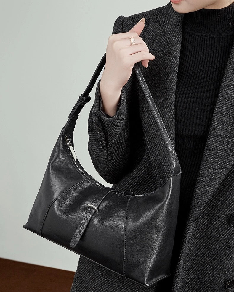 Bolso Hobo Retro de Cuero Genuino en Forma de Media Luna para Mujer