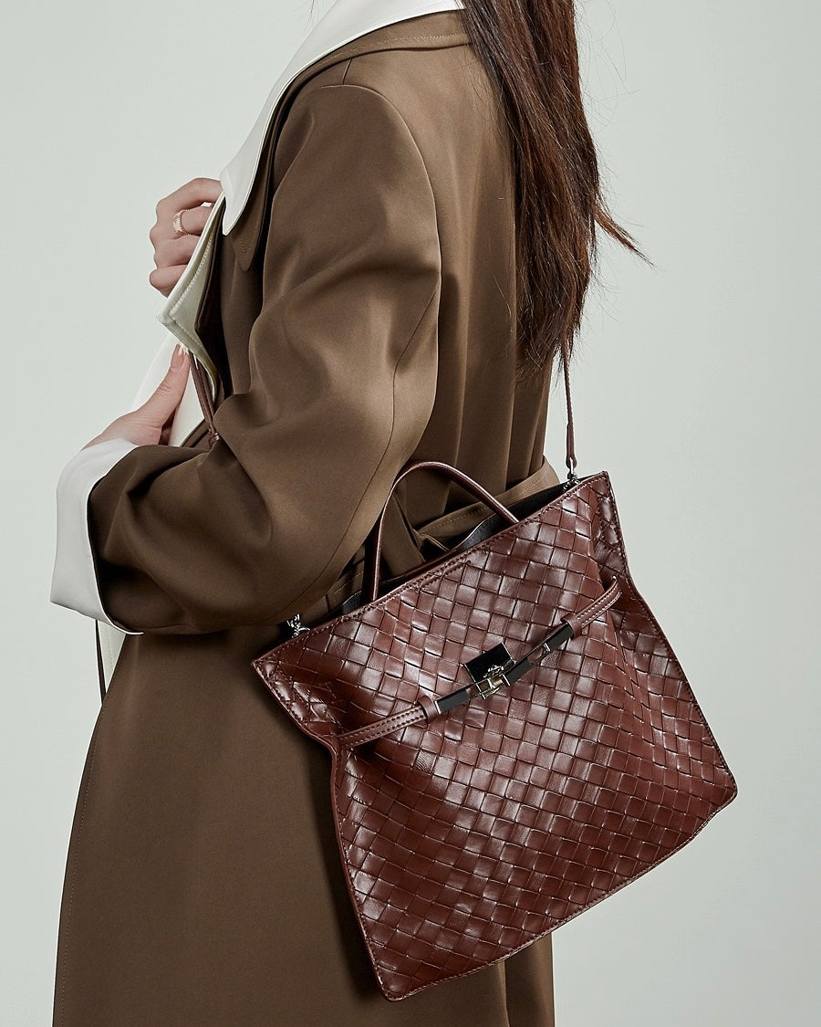 Bolso Tote de Cuero Trenzado con Hebilla para Mujer Noir