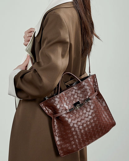 Bolso Tote de Cuero Trenzado con Hebilla para Mujer Noir