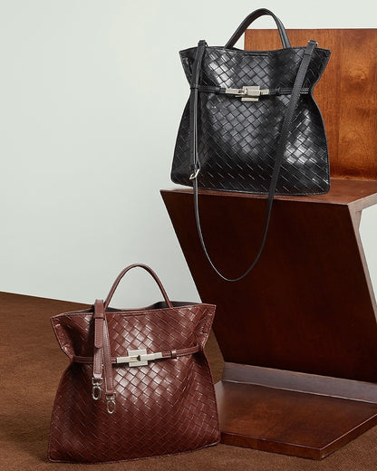 Bolso Tote de Cuero Trenzado con Hebilla para Mujer Noir