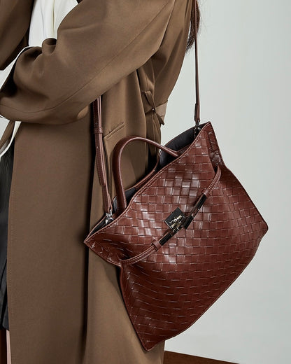 Bolso Tote de Cuero Trenzado con Hebilla para Mujer Noir