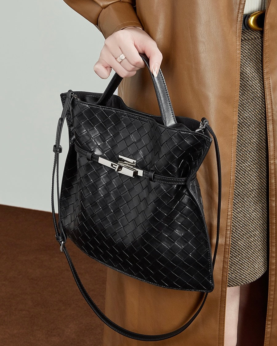 Bolso Tote de Cuero Trenzado con Hebilla para Mujer Noir