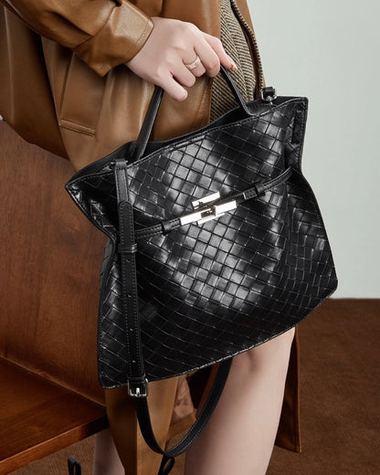 Bolso Tote de Cuero Trenzado con Hebilla para Mujer Noir