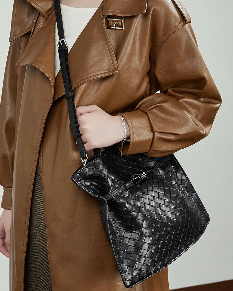 Bolso Tote de Cuero Trenzado con Hebilla para Mujer Noir