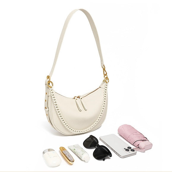 Women’s Genuine Leather Baguette Dumpling Bag with Luxe Chain