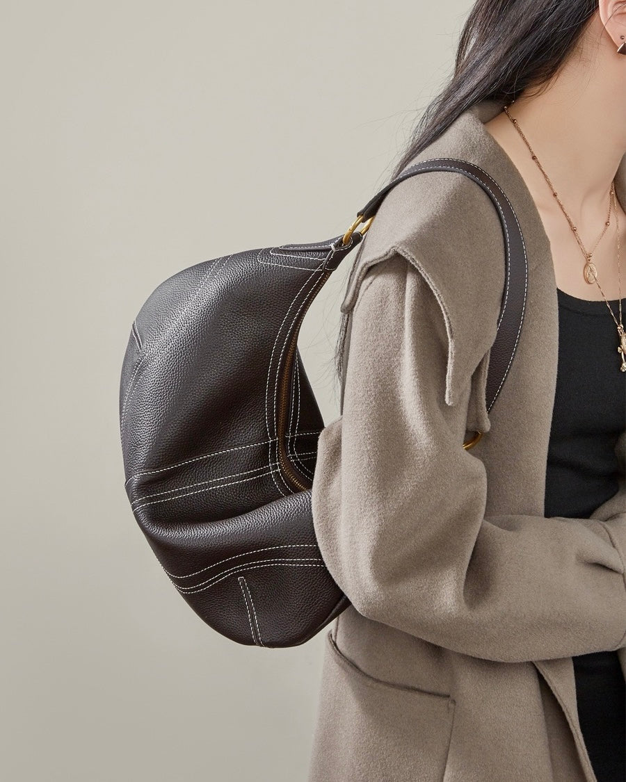 Contrast Stitch Half-Moon Genuine Leather Bag - Versatile 2-Way Carry Hobo