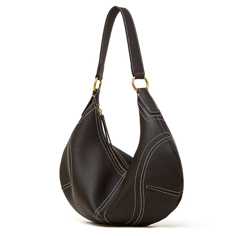 Contrast Stitch Half-Moon Genuine Leather Bag - Versatile 2-Way Carry Hobo