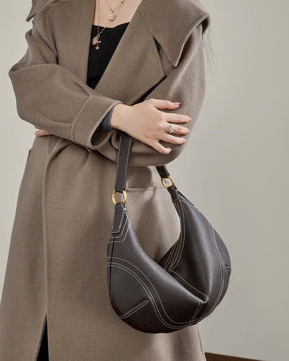 Contrast Stitch Half-Moon Genuine Leather Bag - Versatile 2-Way Carry Hobo