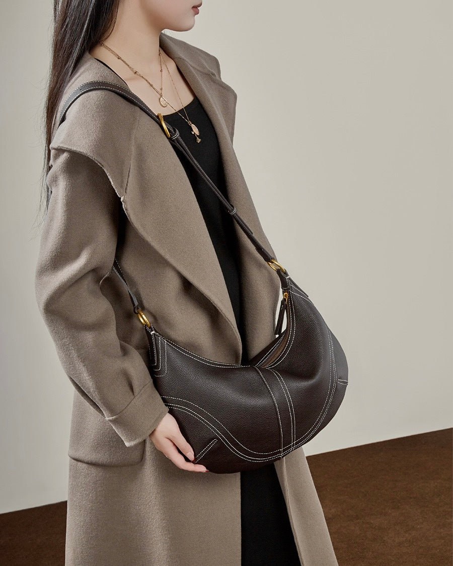 Contrast Stitch Half-Moon Genuine Leather Bag - Versatile 2-Way Carry Hobo