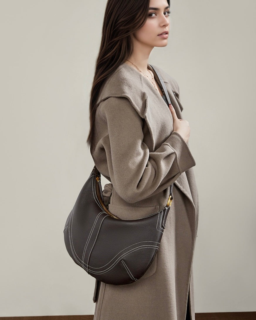 Contrast Stitch Half-Moon Genuine Leather Bag - Versatile 2-Way Carry Hobo