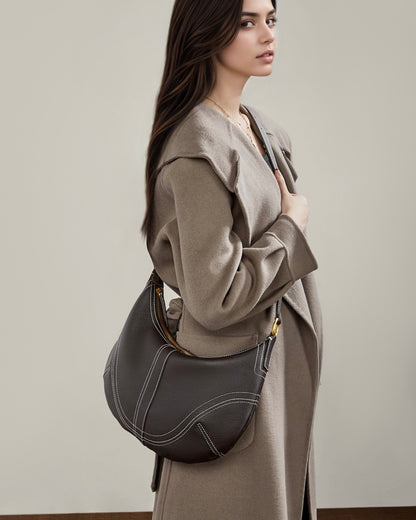 Contrast Stitch Half-Moon Genuine Leather Bag - Versatile 2-Way Carry Hobo