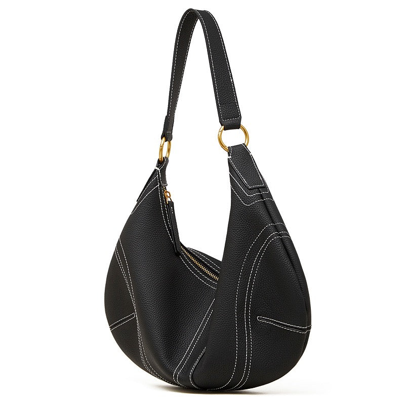 Contrast Stitch Half-Moon Genuine Leather Bag - Versatile 2-Way Carry Hobo