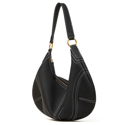 Contrast Stitch Half-Moon Genuine Leather Bag - Versatile 2-Way Carry Hobo