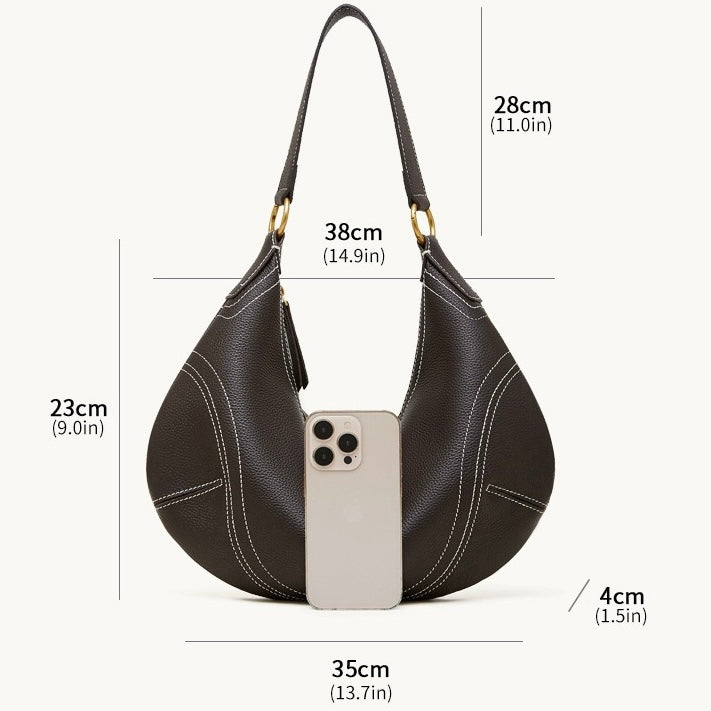 Contrast Stitch Half-Moon Genuine Leather Bag - Versatile 2-Way Carry Hobo