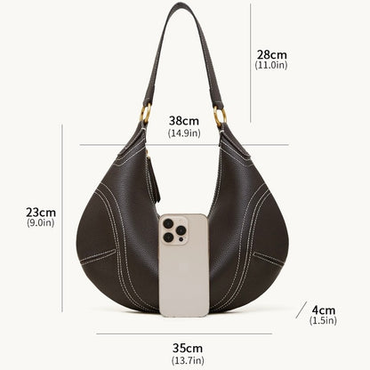 Contrast Stitch Half-Moon Genuine Leather Bag - Versatile 2-Way Carry Hobo