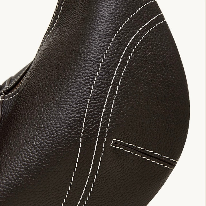Contrast Stitch Half-Moon Genuine Leather Bag - Versatile 2-Way Carry Hobo