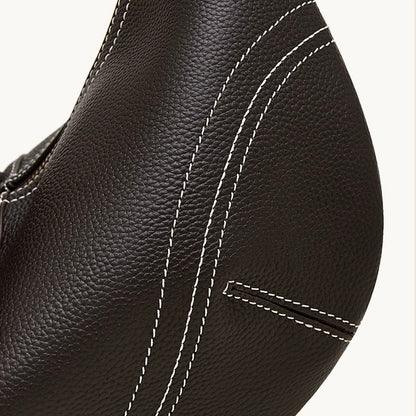 Contrast Stitch Half-Moon Genuine Leather Bag - Versatile 2-Way Carry Hobo